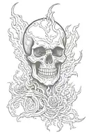 skull and flames left arm tattoo design idea