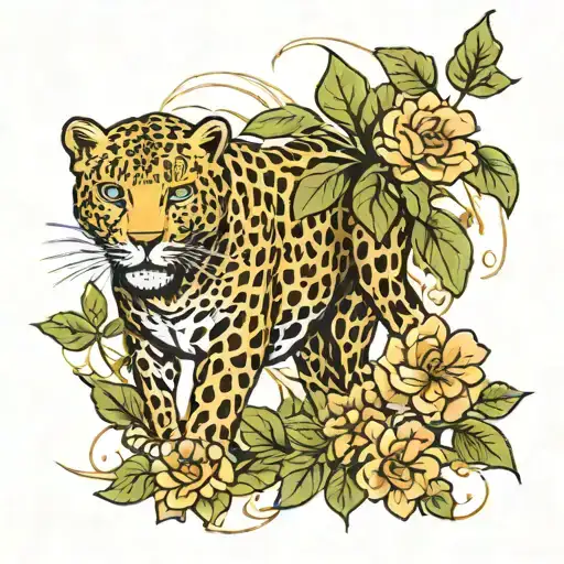 Leopard full body, coming through bushes with some flowers tattoo design idea