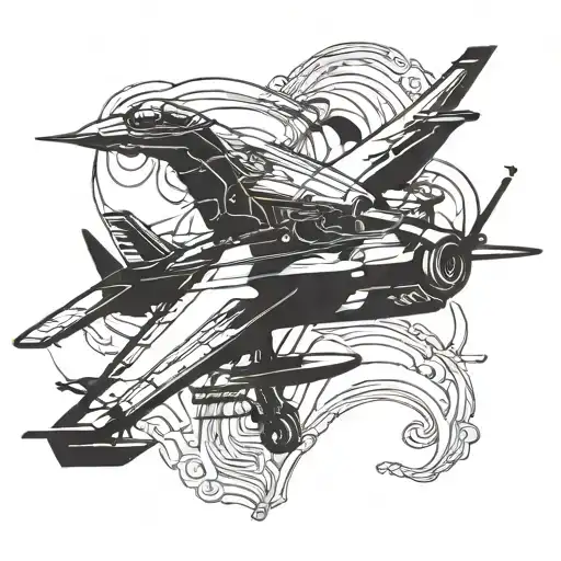 A silhouette of a guitarist playing on the wing of a fighter jet tattoo design idea