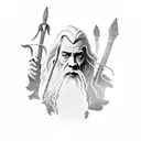 A minimalist silhouette of Gandalf the Grey with his staff and the quote 'All we have to decide is what to do with the time that is given us' tattoo design idea