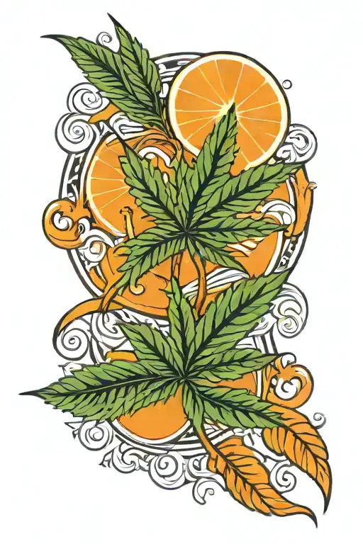 pot leaf with an orange ribbion intertwind with it   tattoo design idea