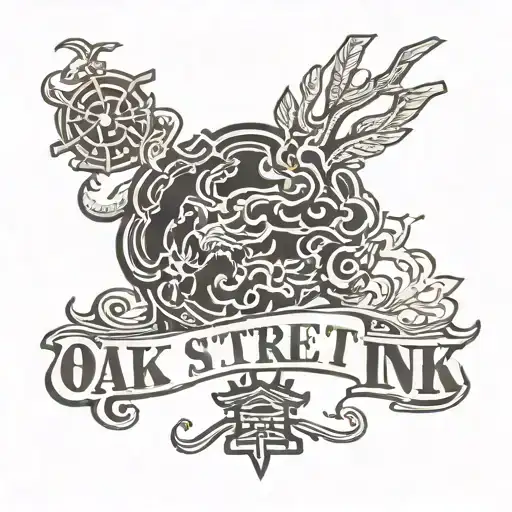 The "Oak Street Ink" logo is rendered in a fusion style that combines Western typography with traditional Japanese kanji tattoo design idea