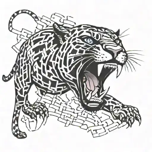 Panther roaring in front of a musical staff with autism puzzle pieces in the background tattoo design idea