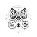 Wolf surrounded by celestial mechanics and constellations, symbolizing the internal struggles of a Gemini tattoo design idea