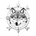 Wolf surrounded by celestial mechanics and constellations, symbolizing the internal struggles of a Gemini tattoo design idea