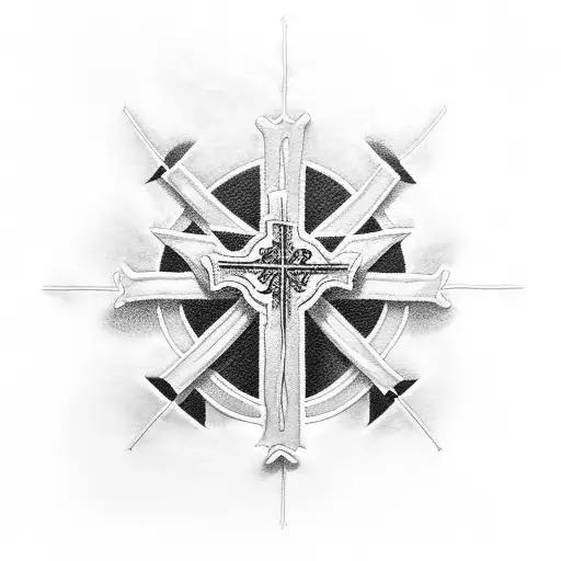 A blackwork tattoo featuring a cross embedded within the intricate details of muscles tattoo design idea