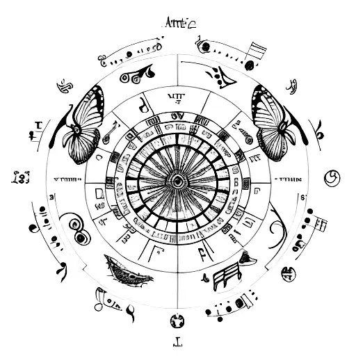An astrology wheel with butterfly wings and musical notes tattoo design idea