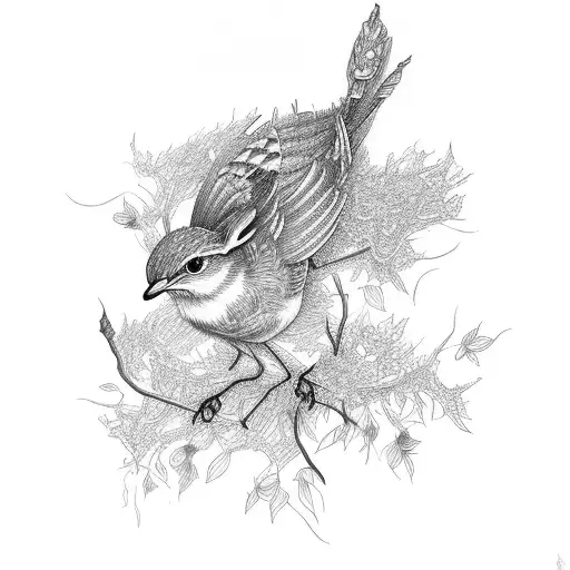 wren in a willow tree tattoo design idea