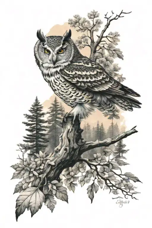 The owl flying and forest landscape tattoo design idea