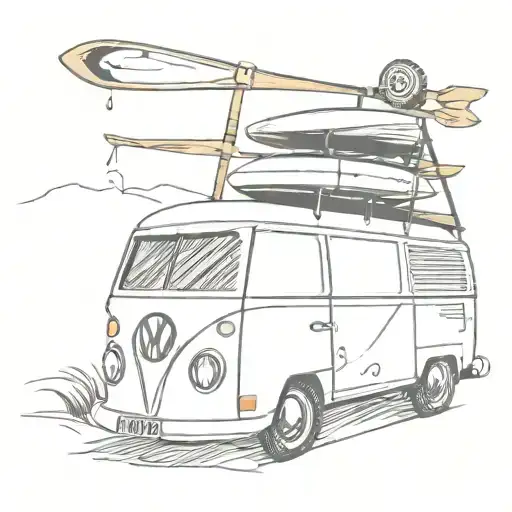 black and white VW surfing van with golf clubs on the roof featuring the number 4 tattoo design idea