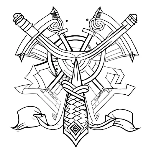 A simple and elegant tattoo of a bow and arrow intertwined with a viking ship, representing adventure and exploration tattoo design idea