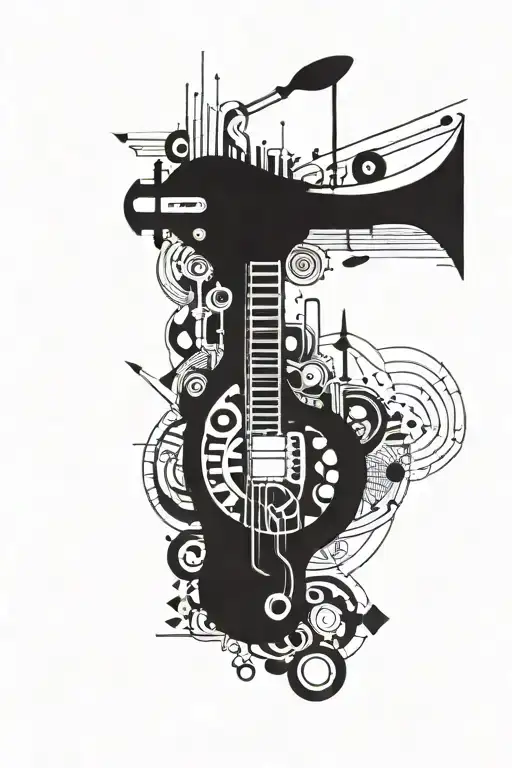 A sleeve tattoo featuring a mix of musical instruments and medical tools in a geometric pattern tattoo design idea