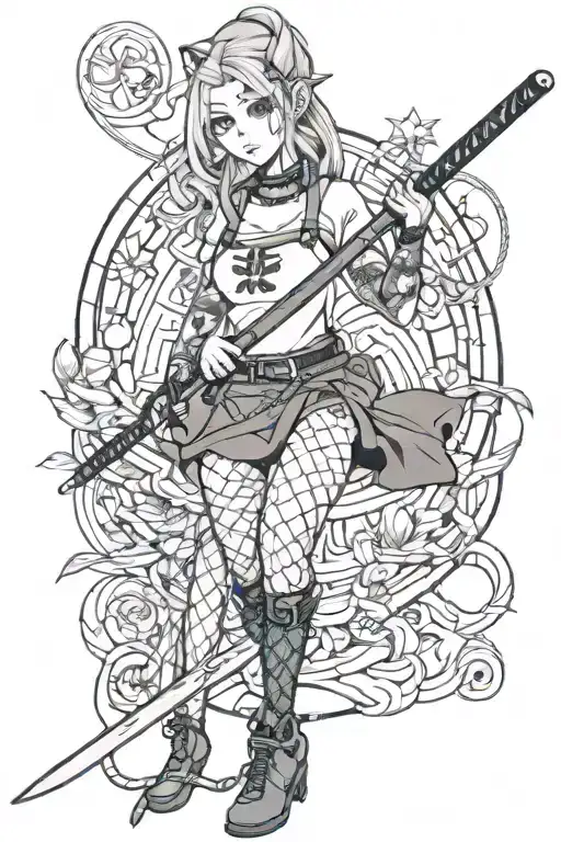 tattooed anime elven girl in a t-shirt fishnet tights with samurai sword and choker necklace tattoo design idea
