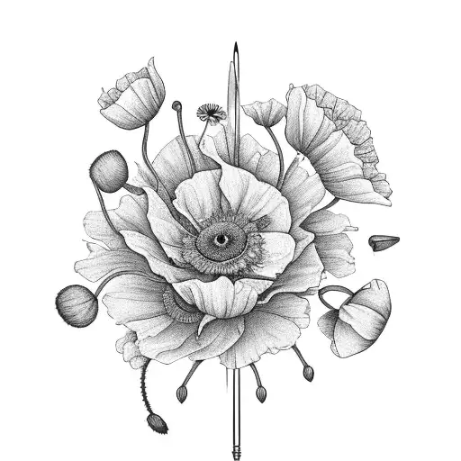 A delicate bouquet of poppies, daisies, and petunias, intertwined with hiking gear like a compass and backpack tattoo design idea