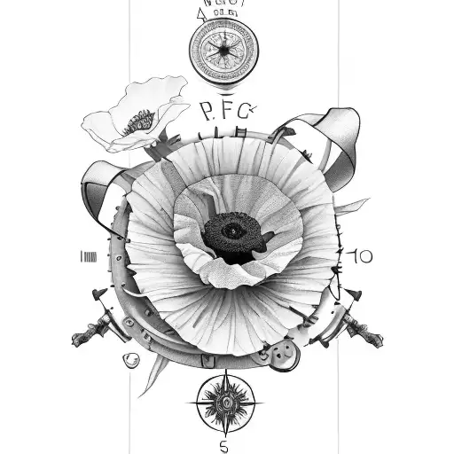 A delicate bouquet of poppies, daisies, and petunias, intertwined with hiking gear like a compass and backpack tattoo design idea