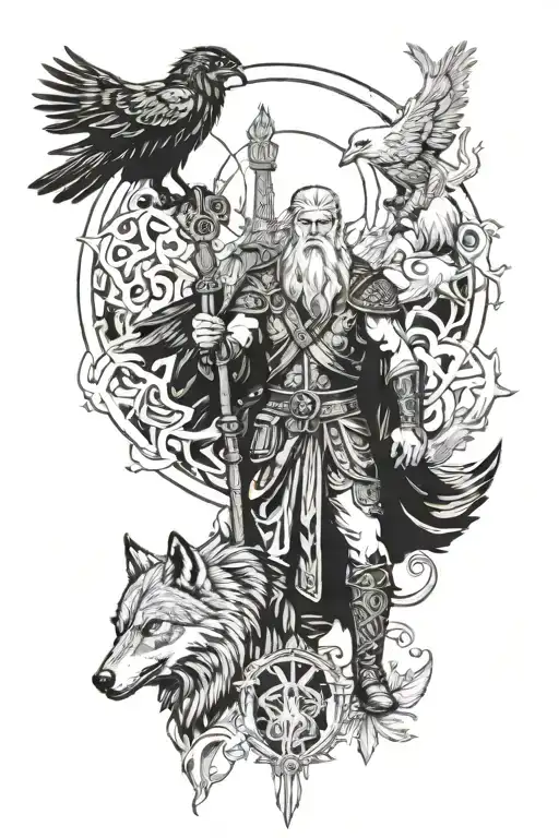 Odin with wolfs and raven tattoo design idea