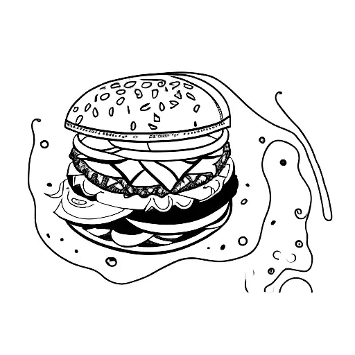 a black, fine line, tiny tattoo stencil of a hamburger, only lines drawing.  simple and without details. tattoo design idea