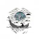 whale and man in canoe tattoo design idea