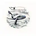 humpback whale and man in canoe with dog tattoo design idea