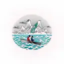 humpback whale and man in canoe with dog tattoo design idea