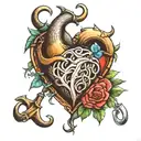 fish hook and deer antler heart shape tattoo design idea