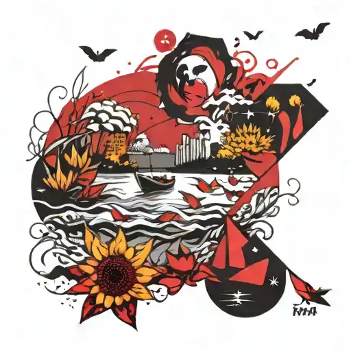 the beach, paper boats floating in the sea, the warmth of an afternoon in the natural park, sunflowers and the moon tattoo design idea