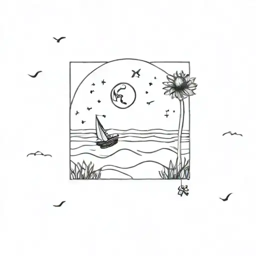 the beach, paper boats floating in the sea, the warmth of an afternoon in the natural park, sunflowers and the moon tattoo design idea