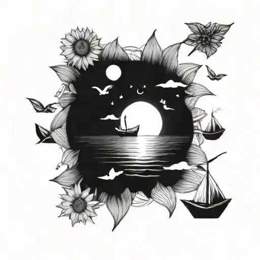 the beach, paper boats floating in the sea, the warmth of an afternoon in the natural park, sunflowers and the moon tattoo design idea