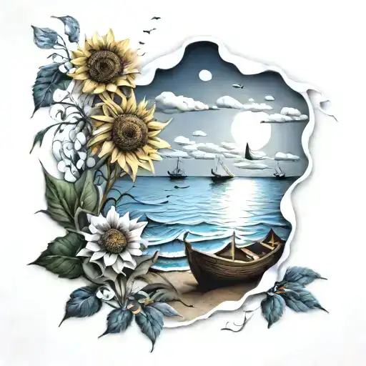 the beach, paper boats floating in the sea, the warmth of an afternoon in the natural park, sunflowers and the moon tattoo design idea