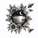 the beach, paper boats floating in the sea, the warmth of an afternoon in the natural park, sunflowers and the moon tattoo design idea