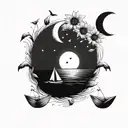 the beach, paper boats floating in the sea, the warmth of an afternoon in the natural park, sunflowers and the moon tattoo design idea