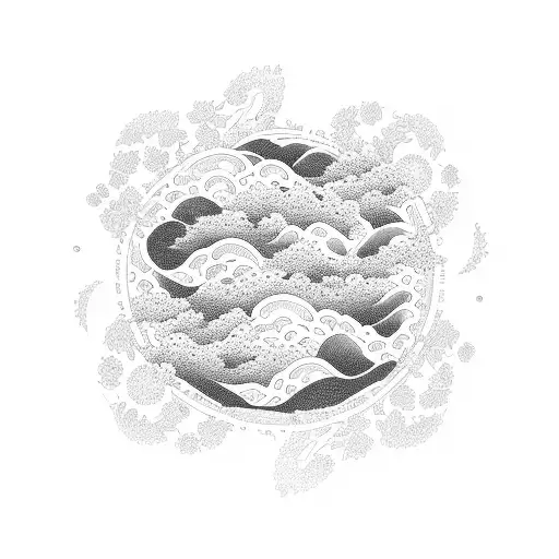 Japanese waves, surrounded by circles of flowers and leaves in a continuous circle design  tattoo design idea