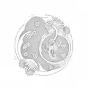 Japanese waves, surrounded by circles of flowers and leaves in a continuous circle design  tattoo design idea