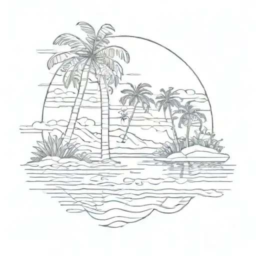 Water and palm trees colors sunset over lake tattoo design idea