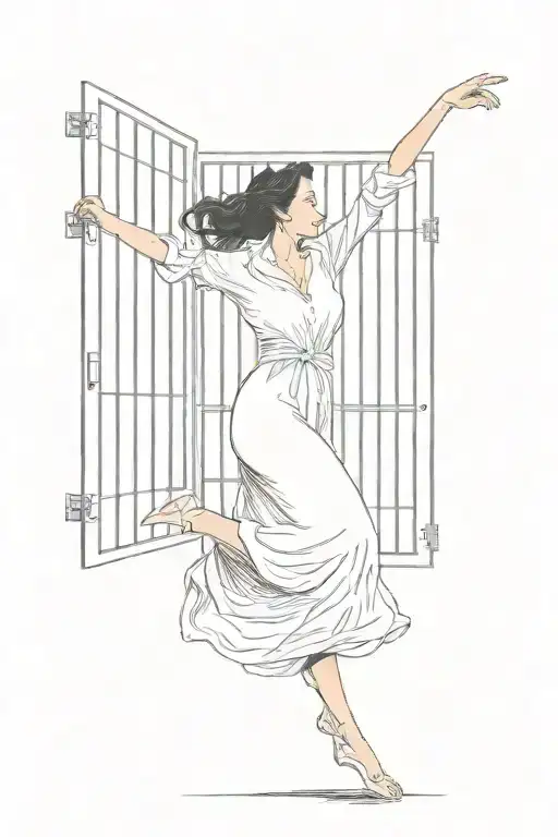 a woman freeing herself from jail cell tattoo design idea