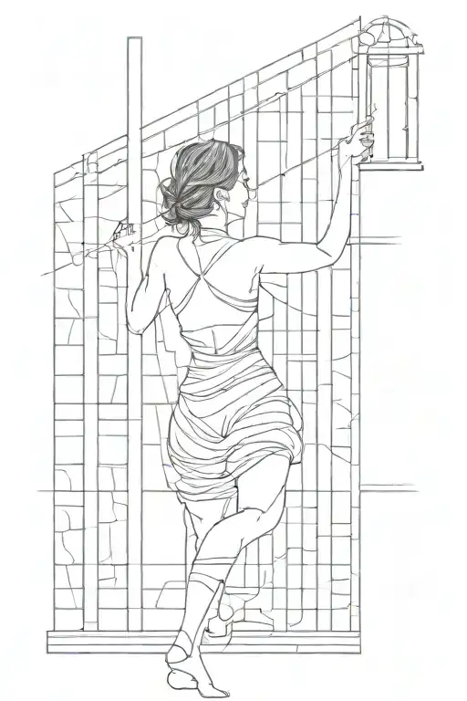 a woman freeing herself from jail cell with bars tattoo design idea
