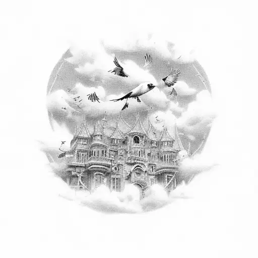 27 club building with dove and clouds tattoo design idea