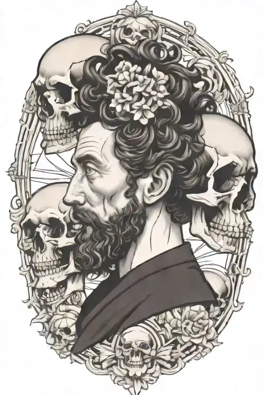 marcus aurelius and skull surrounded tattoo design idea