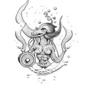 Dumbbell-wielding mermaid lifting weights underwater tattoo design idea