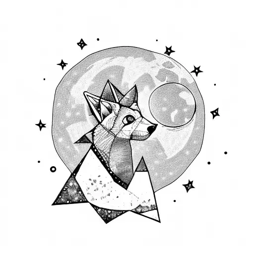 A punk rock fox howling at the moon from a hilltop tattoo design idea