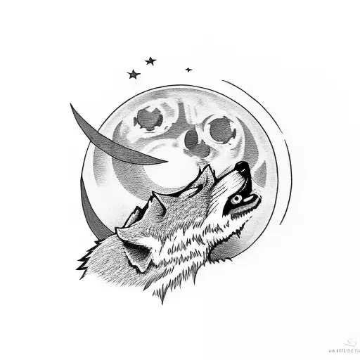 A punk rock fox howling at the moon from a hilltop tattoo design idea