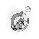A punk rock fox howling at the moon from a hilltop tattoo design idea