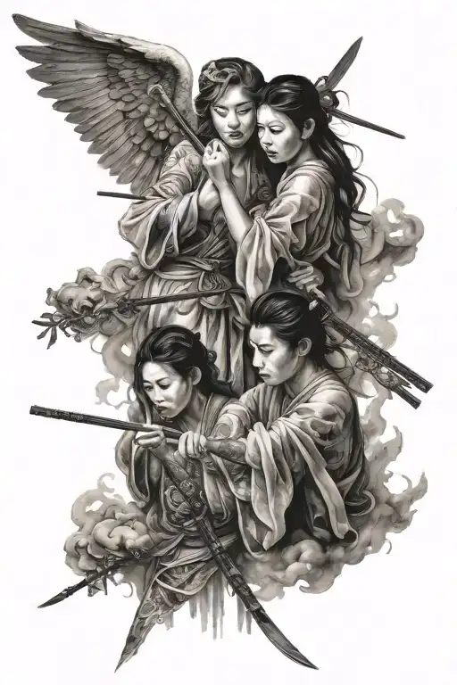 2 Angels the first one is holding knife and fork crossed and the second one is holding chopsticks and a chinese spoon  tattoo design idea