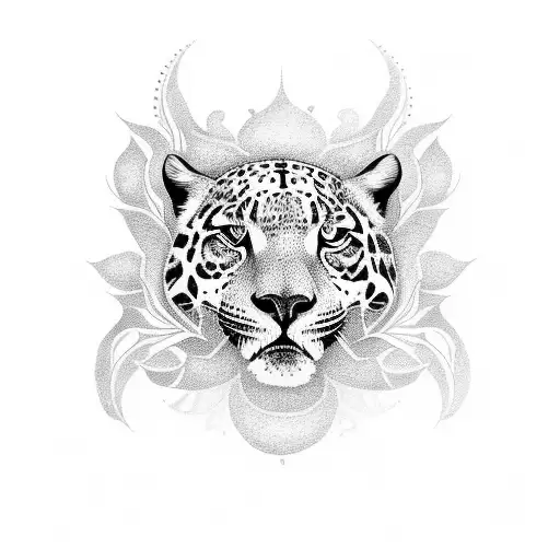 A dotwork tattoo featuring a majestic jaguar with intricate patterns inspired by the Amazon rainforest tattoo design idea