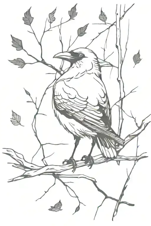 Crow on barbed wire with a tear in its eye surrounded by dead trees and falling leaves tattoo design idea