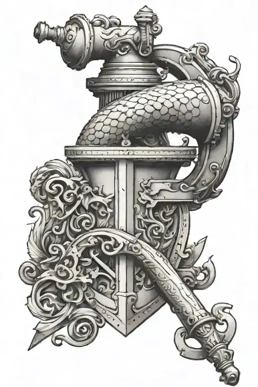 a family crest with a cannon on one side and rowing ores on the other tattoo design idea