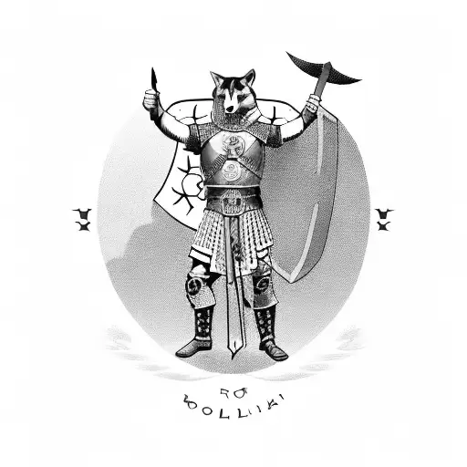 Roman soldier holding a shield with a wolf and owl emblem tattoo design idea