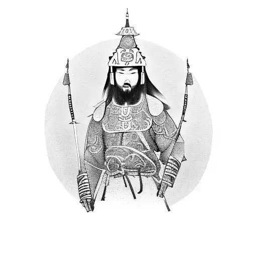 A dotwork tattoo of a Mongolian warrior playing a traditional instrument in a northern Chinese landscape tattoo design idea