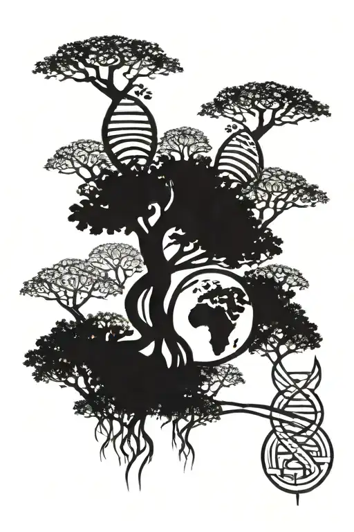 dna helix tree trunk with roots shapped like African continent and filipino sun in the background.  with adinkra symbols tattoo design idea