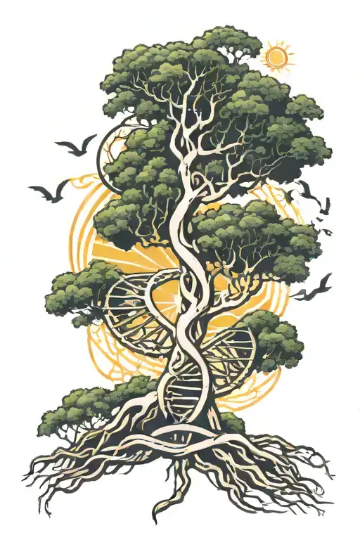 dna helix tree with roots shapped like african continent and filipino sun shining on it  tattoo design idea